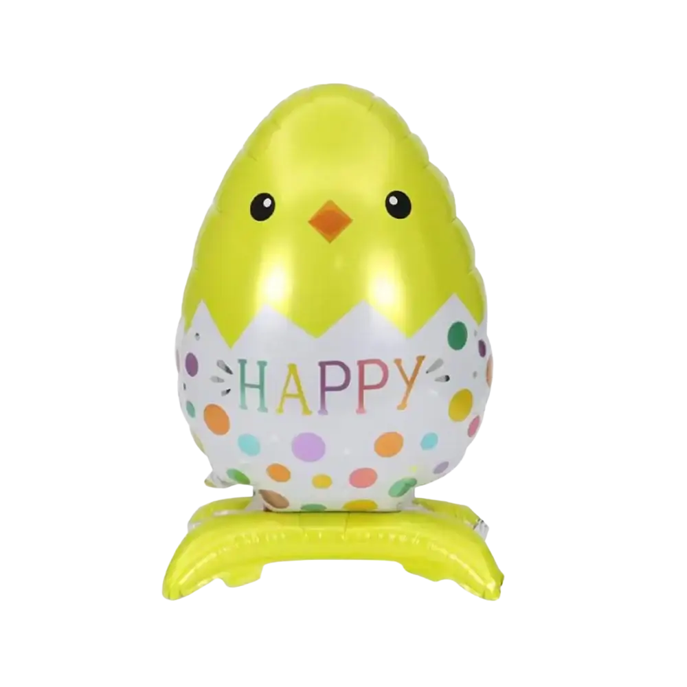 A cheerful yellow chick-shaped easter balloon with white polka-dotted eggshell and happy in rainbow letters