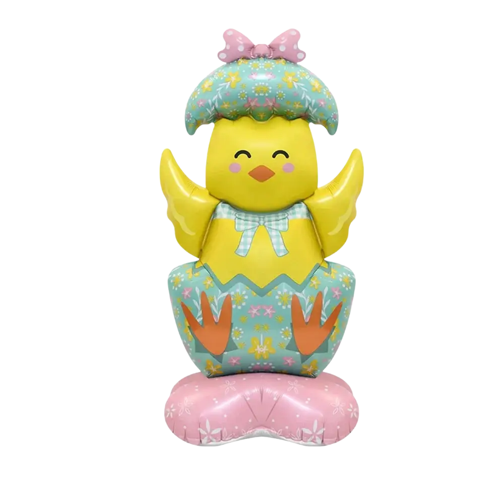 A cheerful yellow inflatable easter chick with a floral hat and checkered ribbon, part of easter bunny paper plates and cups set