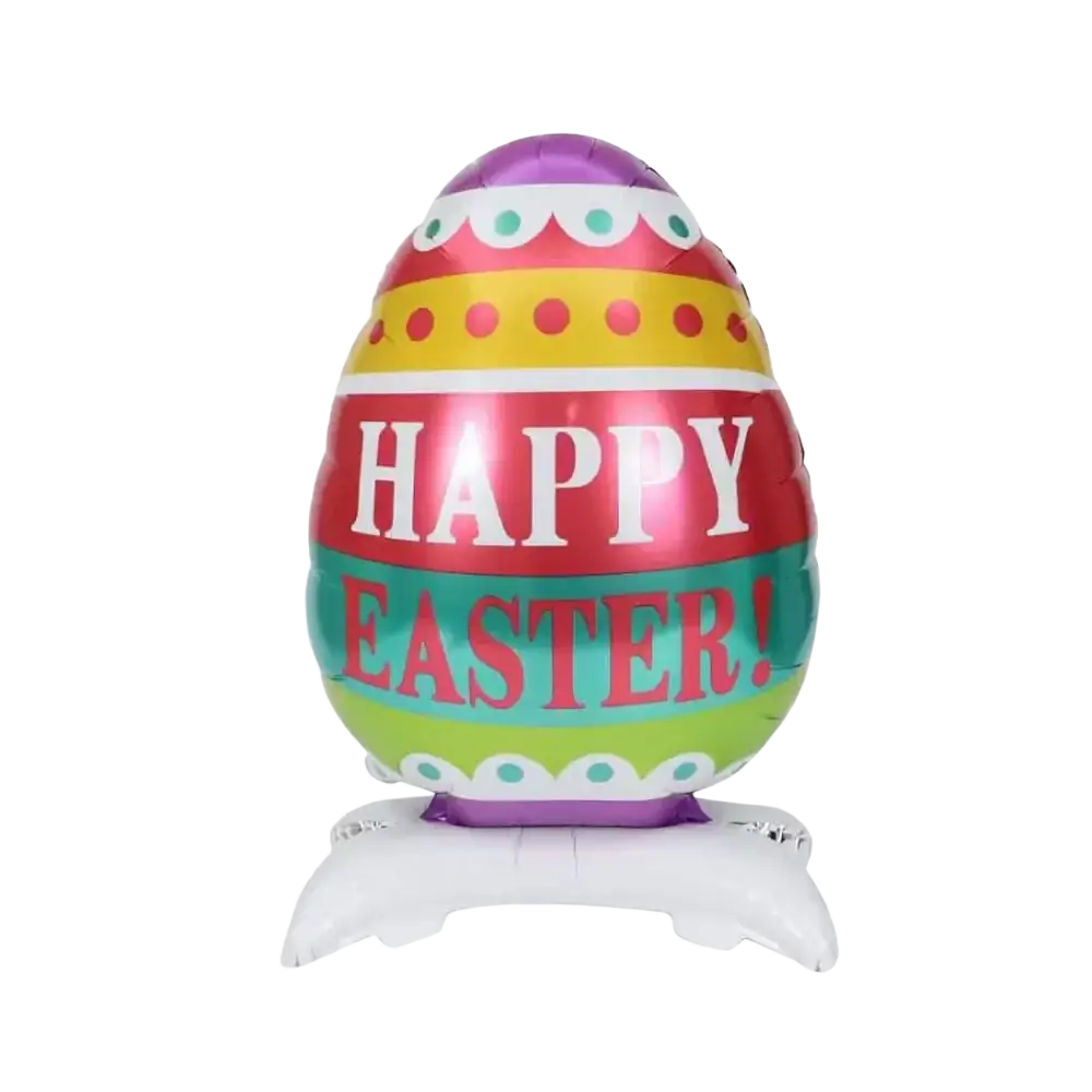 Colorful inflatable easter egg balloon with happy easter text and vibrant patterns in an easter bunny paper plates and cups set