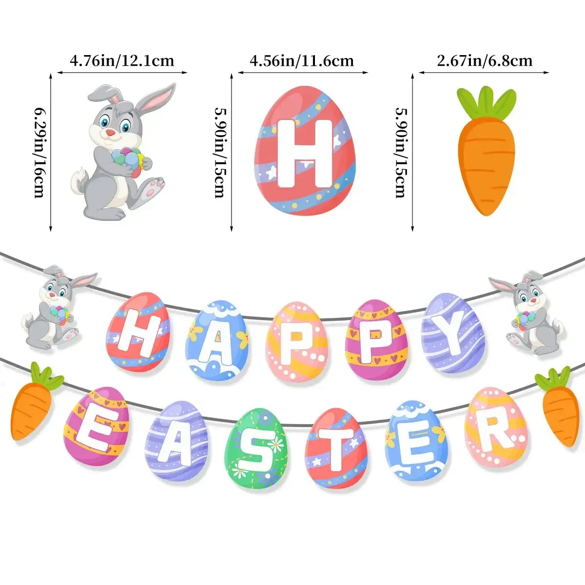 Colorful easter bunny paper plates and cups set with cartoon bunnies, patterned eggs, and happy easter banner design