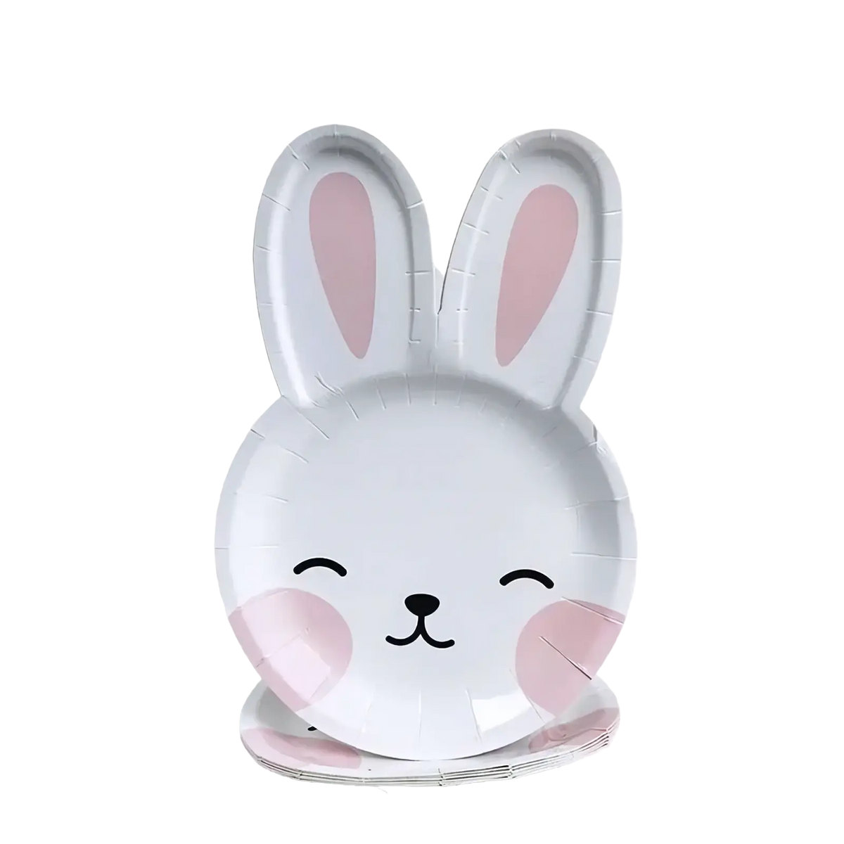 Easter bunny paper plates shaped like white paper bunnies with pink ears and cheeks featuring a smiling face design