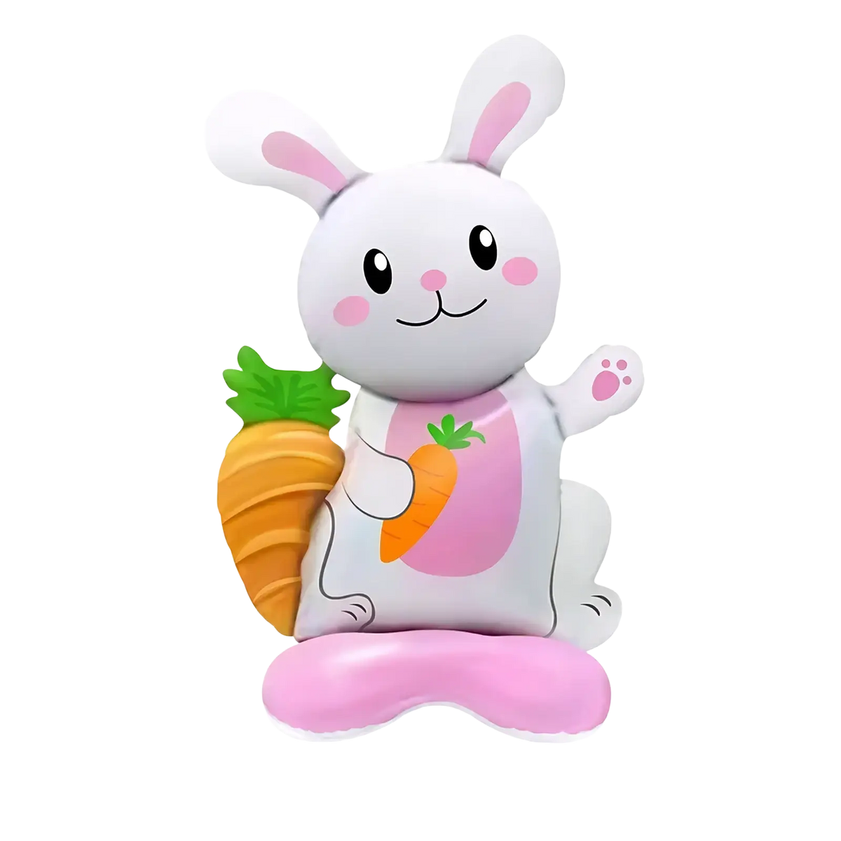 A cute white inflatable standing rabbit with pink ears and paws holding an orange carrot for easter bunny paper plates and cups set