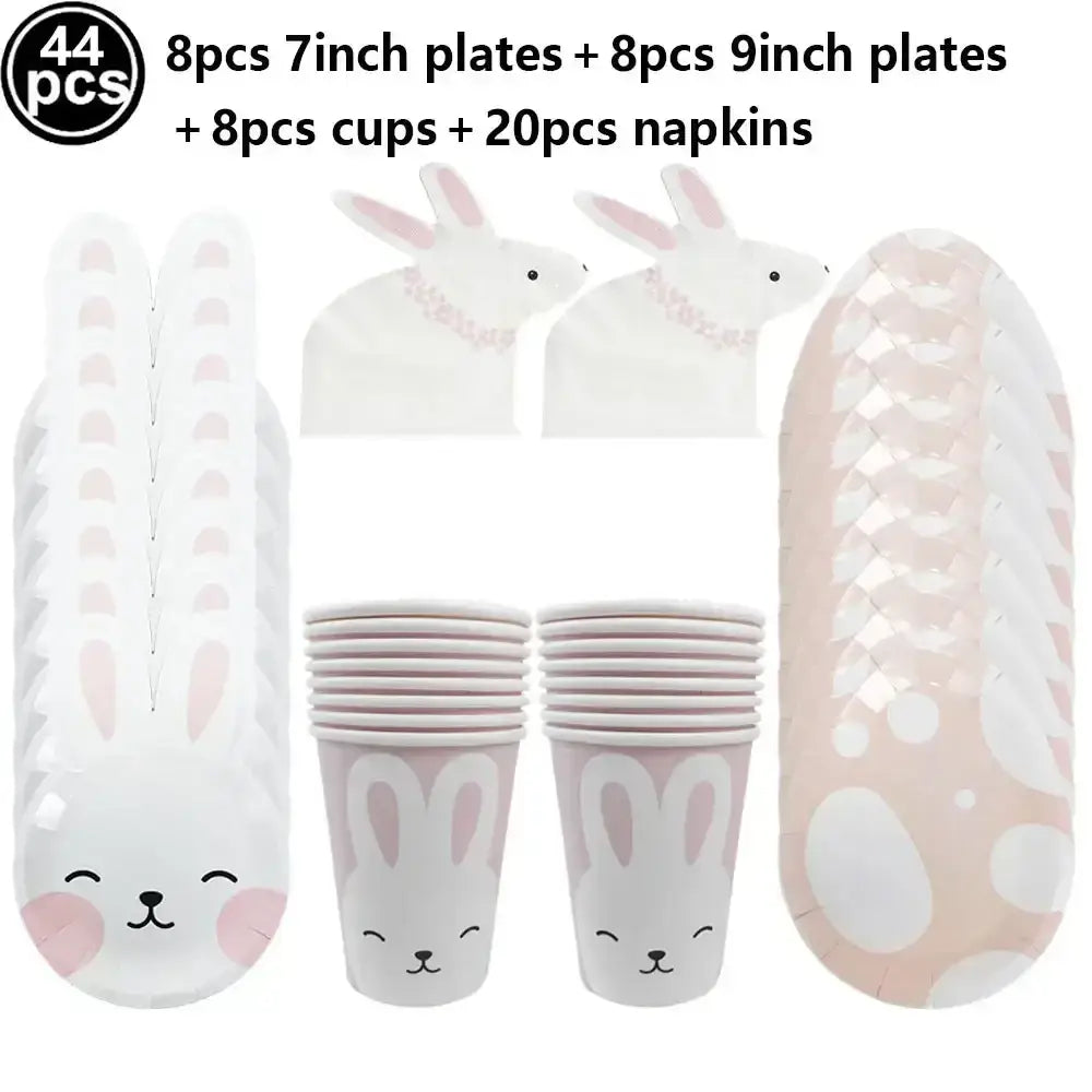 Cute white bunny paper plates with pink accents and smiling faces in easter bunny paper plates set