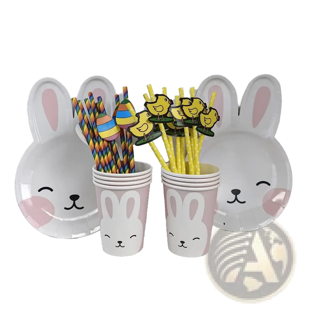 Easter bunny paper plates and cups set featuring cute white bunny design with pink ears and smiling rabbit faces