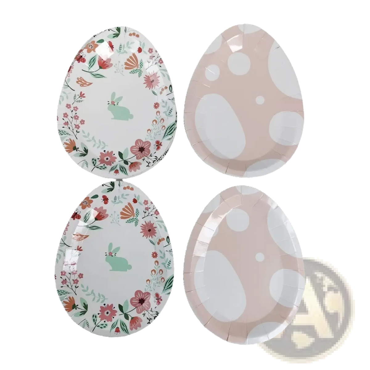 Set of four Easter bunny paper plates featuring mint bunny with floral patterns and blush pink polka dots