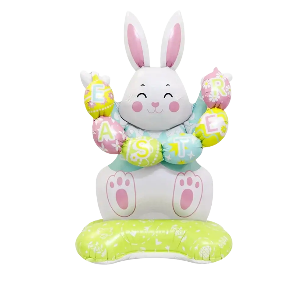Inflatable easter bunny holding colorful egg-shaped balloons with easter lettering on a lime green base for parties