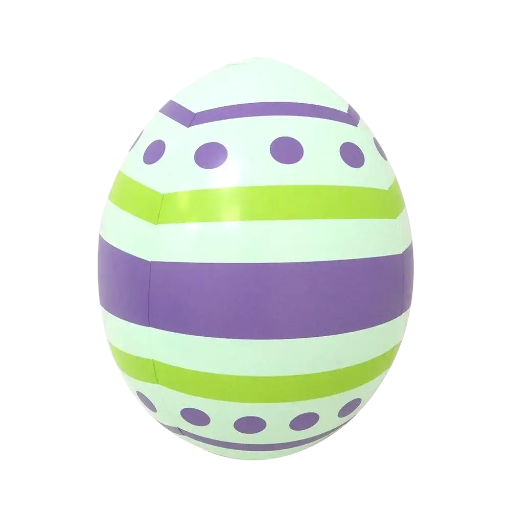 Inflatable easter egg with alternating purple and lime green stripes and purple polka dots in easter bunny paper plates and cups set