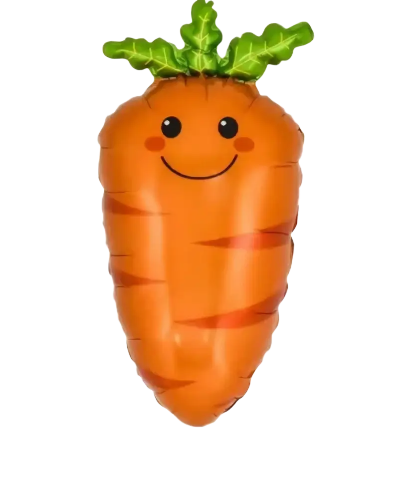 Orange carrot-shaped shiny foil balloon with green leafy top and smiling face in easter bunny paper plates and cups set