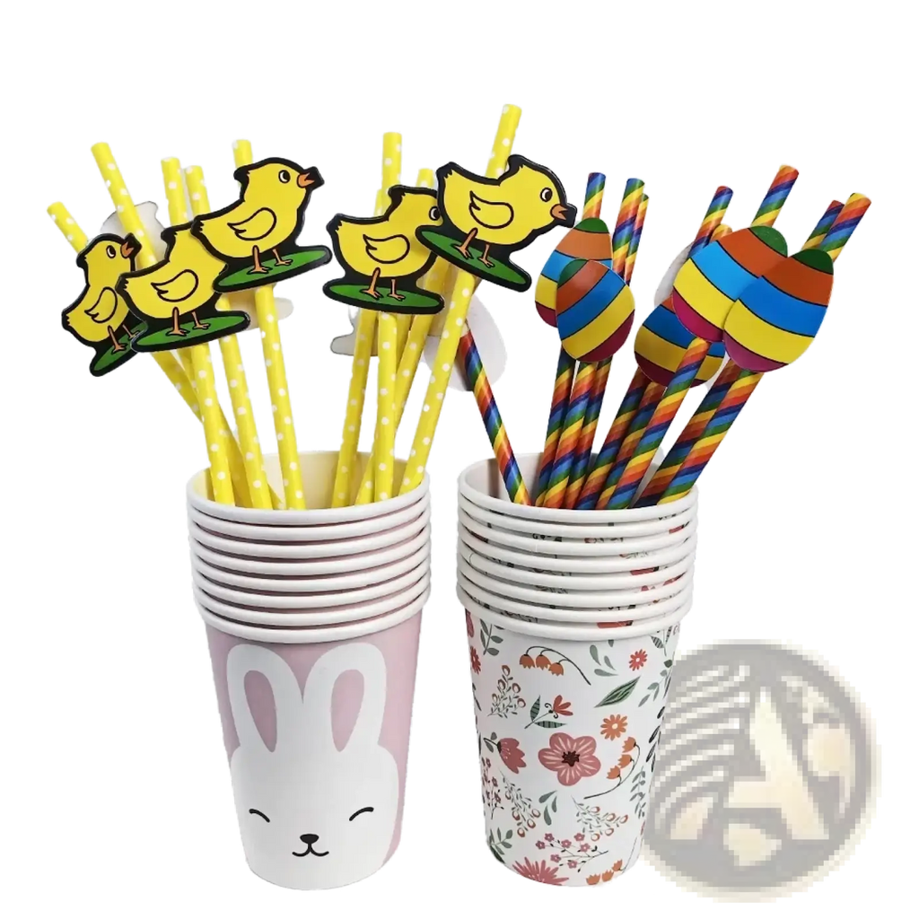 Pink paper cup with white bunny face holding yellow polka-dotted straws topped with chick cutouts in easter bunny paper plates and cups set