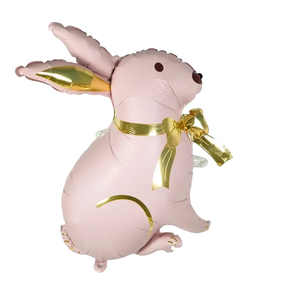 A pink inflatable rabbit balloon with gold foil accents and a bow, complementing the Easter bunny paper plates set