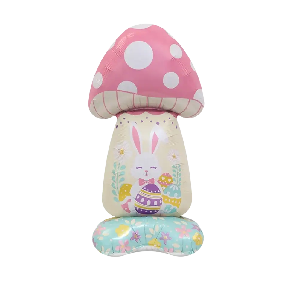 Easter bunny paper plates and cups set featuring a pink polka-dotted mushroom inflatable with bunny and eggs design