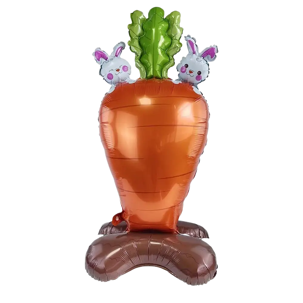 Orange inflatable carrot balloon with green top and two white bunnies for easter bunny paper plates and cups set