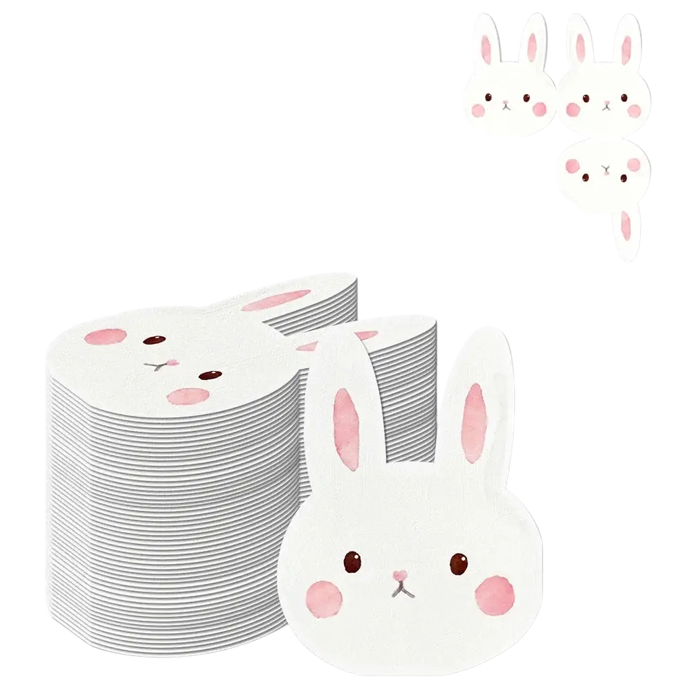 A stack of 20 white paper bunny cutout plates with pink ears and cheeks in an Easter bunny paper plates and cups set