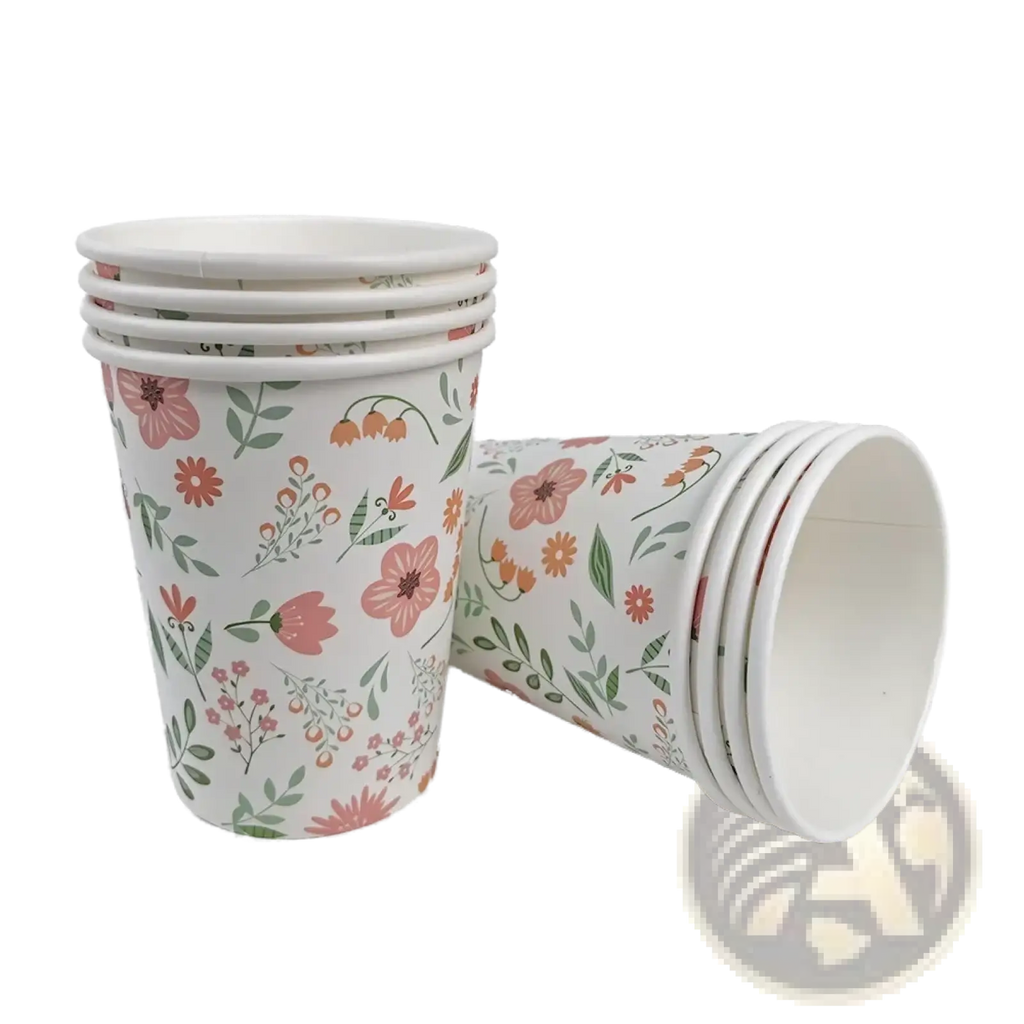 Stack of white paper cups with pink orange and green floral pattern from Easter Bunny paper plates and cups set