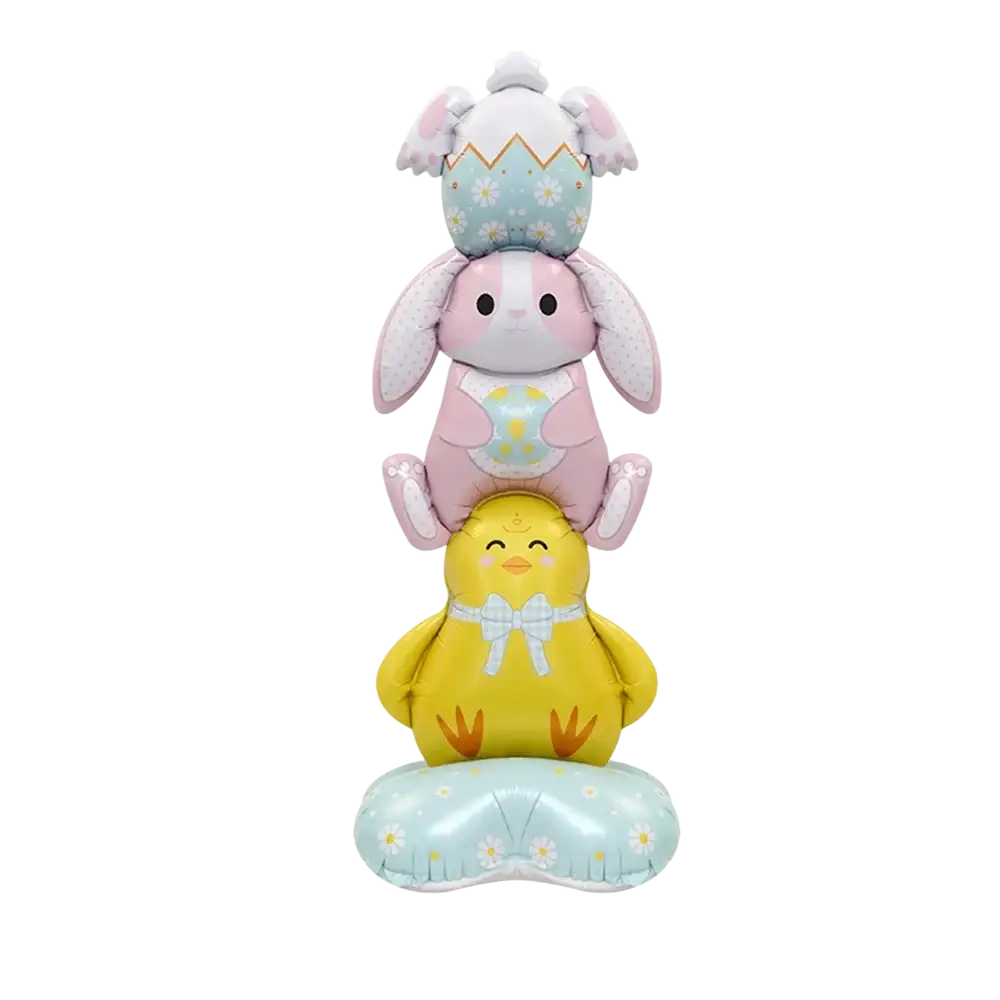 Stacked inflatable easter-themed balloons featuring a pink bunny yellow chick and egg-topped rabbit with pastel floral patterns