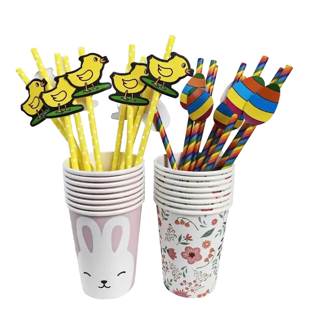 Stacks of colorful paper straws with cartoon chick and rainbow egg decorations in easter bunny paper plates set