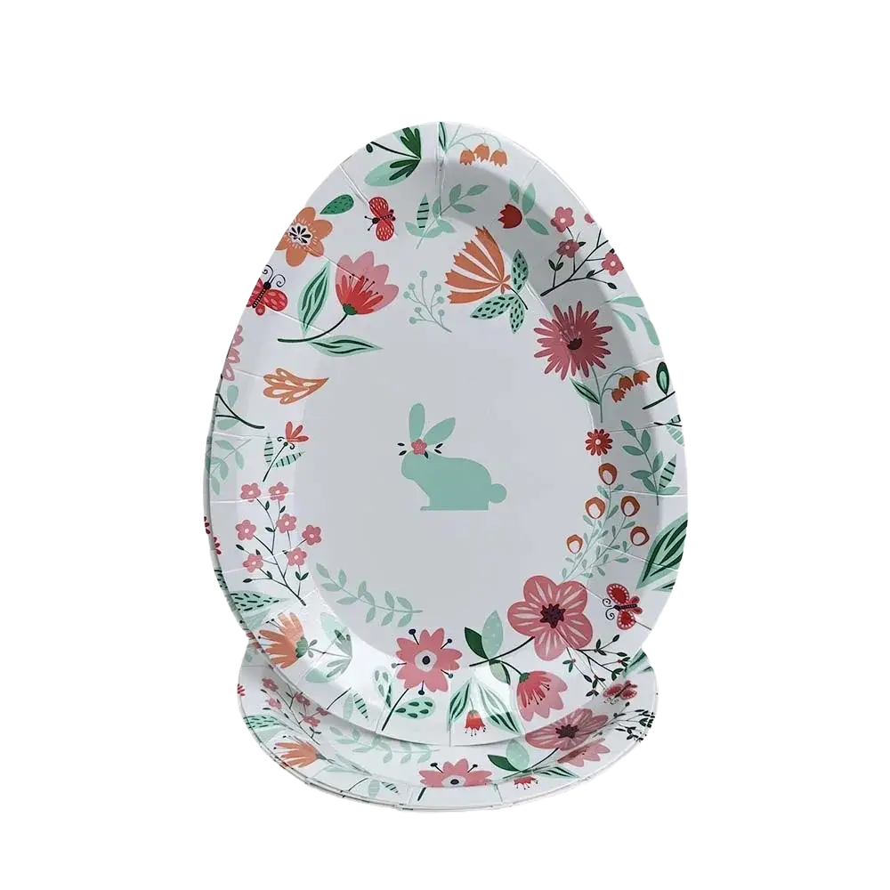 Easter bunny paper plates with light green bunny design and floral pattern for festive spring celebrations
