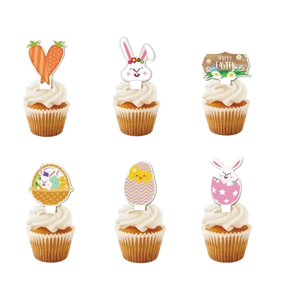Easter bunny paper plates and cups set with pastel-colored paper cupcake toppers featuring bunny, carrot, egg, and basket designs