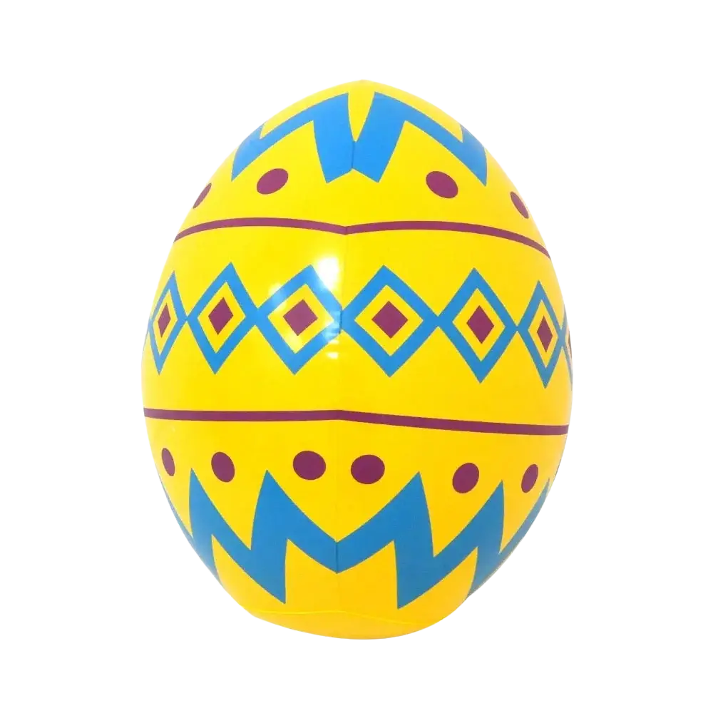A vibrant yellow inflatable easter egg with bold blue and maroon geometric patterns for easter bunny paper plates and cups set