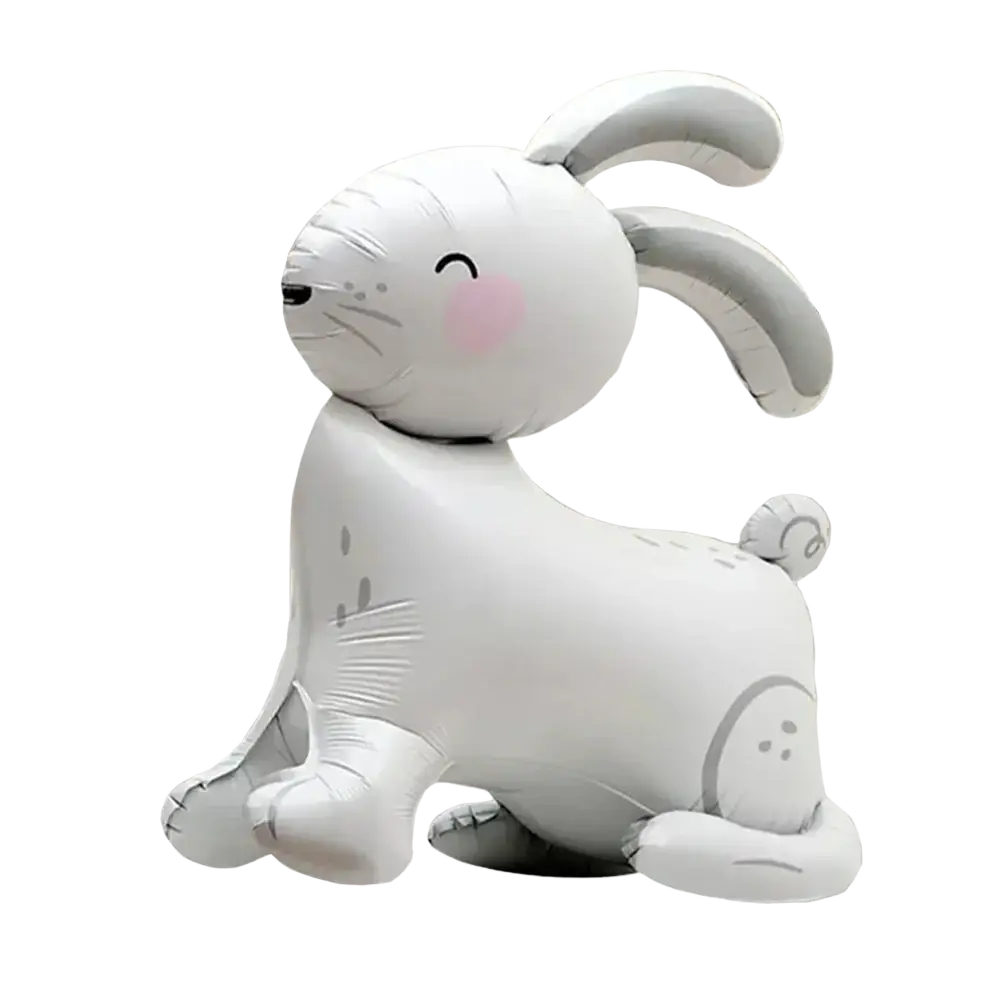 A 3d white paper balloon shaped like a cute rabbit with pink cheeks and gray ears for easter bunny party decor
