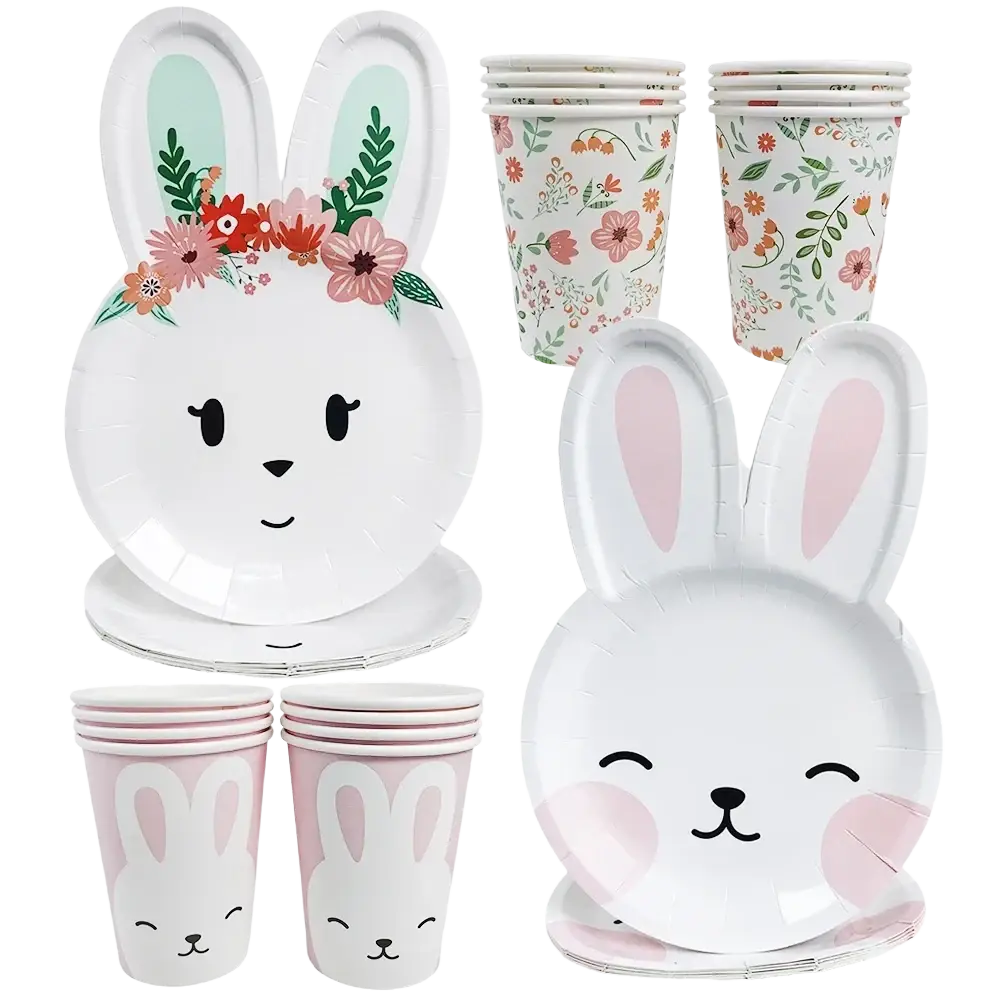 Easter bunny paper plates and cups set featuring white bunny-shaped paper plates with pink ears and pastel floral cups