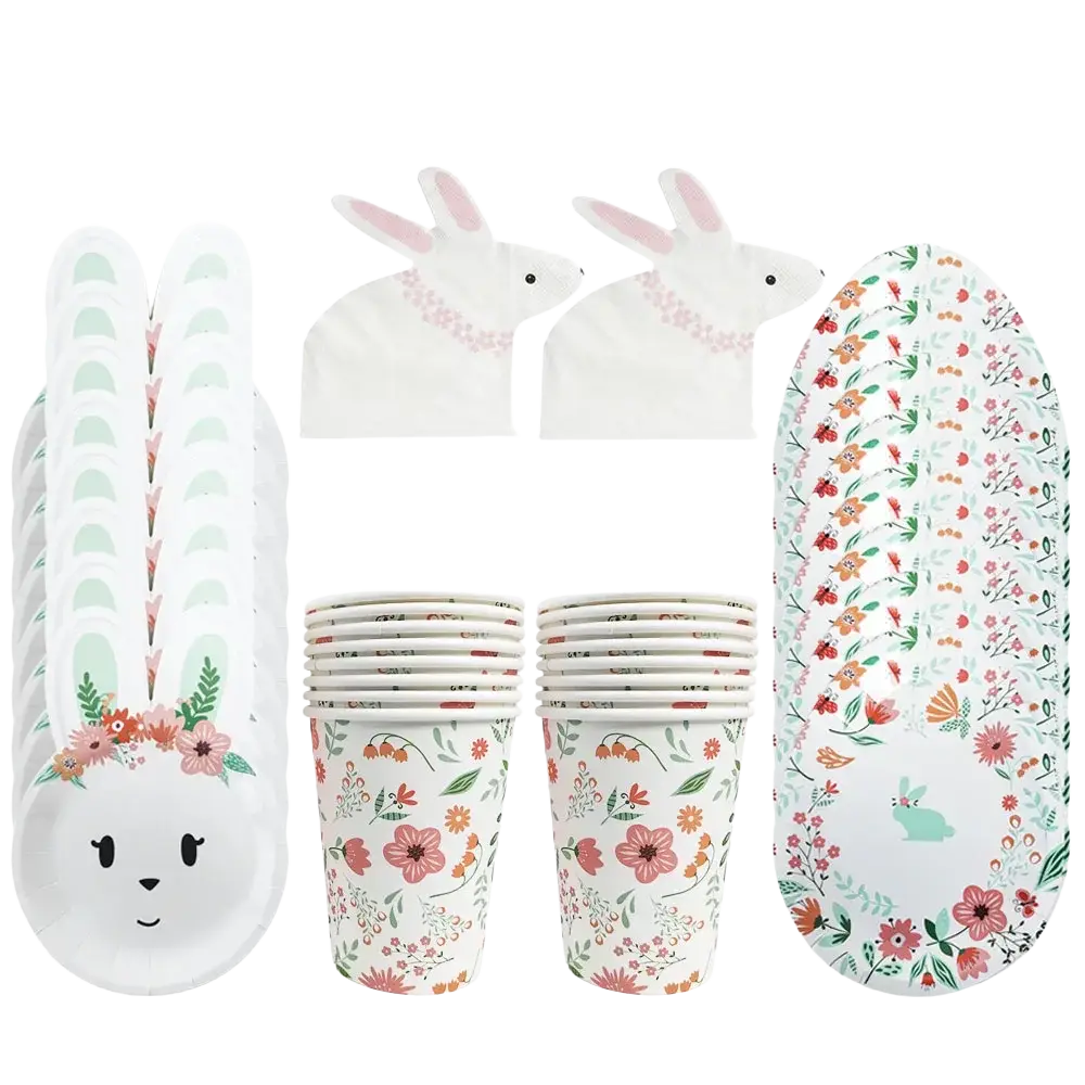 Easter bunny paper plates in white with bunny faces and pastel pink flower and green leaf floral patterns