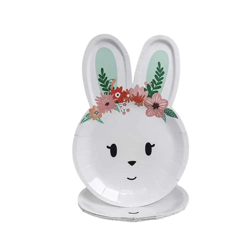 Easter bunny paper plates in white with bunny face shape floral crowns and black printed eyes nose and smile