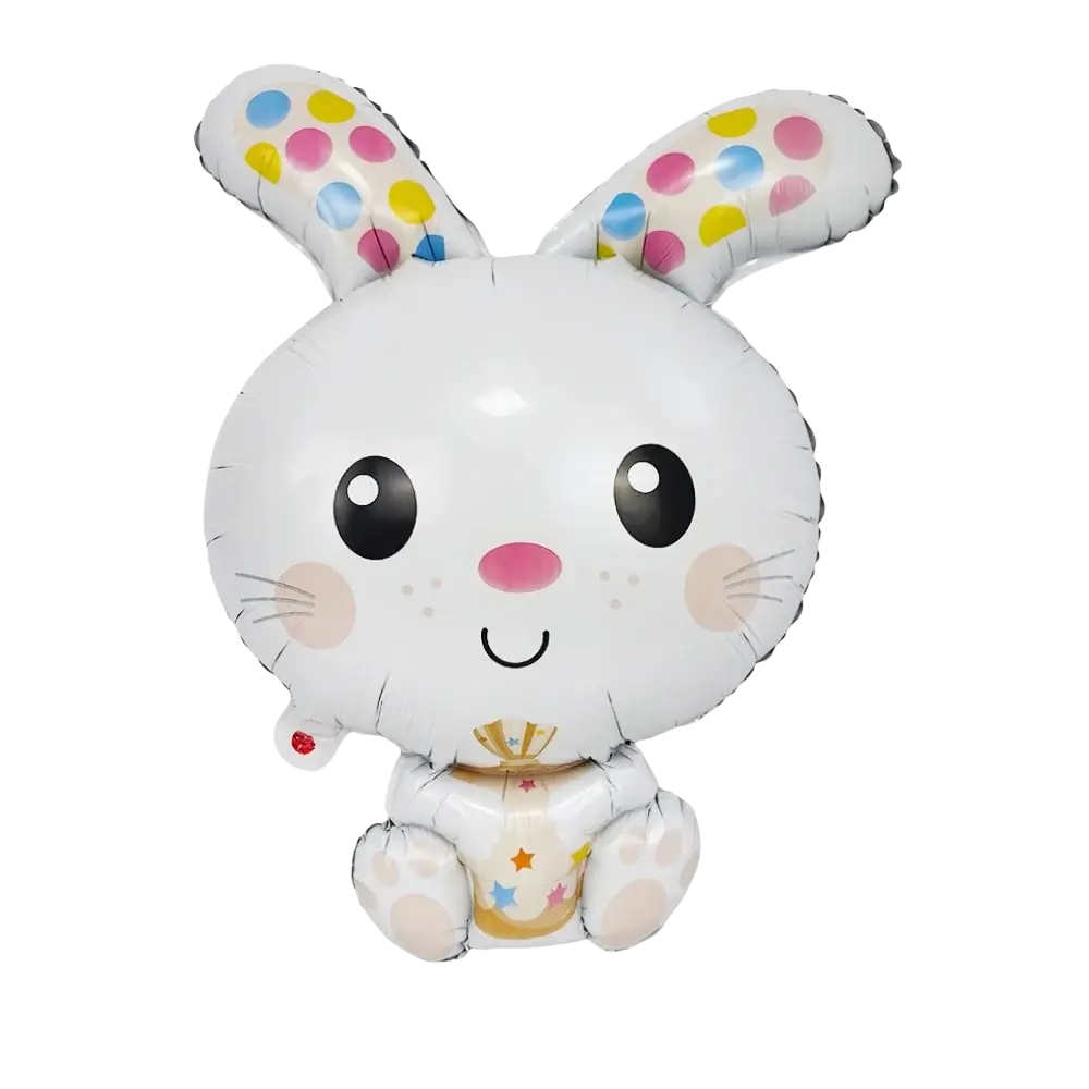 Easter bunny paper plates and cups set featuring a white cartoon rabbit balloon with colorful polka dot ears and gold bow