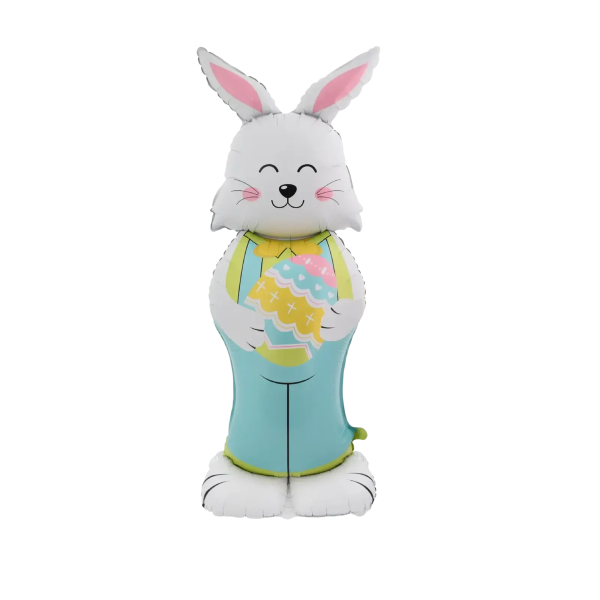 A white inflatable easter bunny balloon with pink ears holding a colorful egg for easter bunny paper plates and cups set