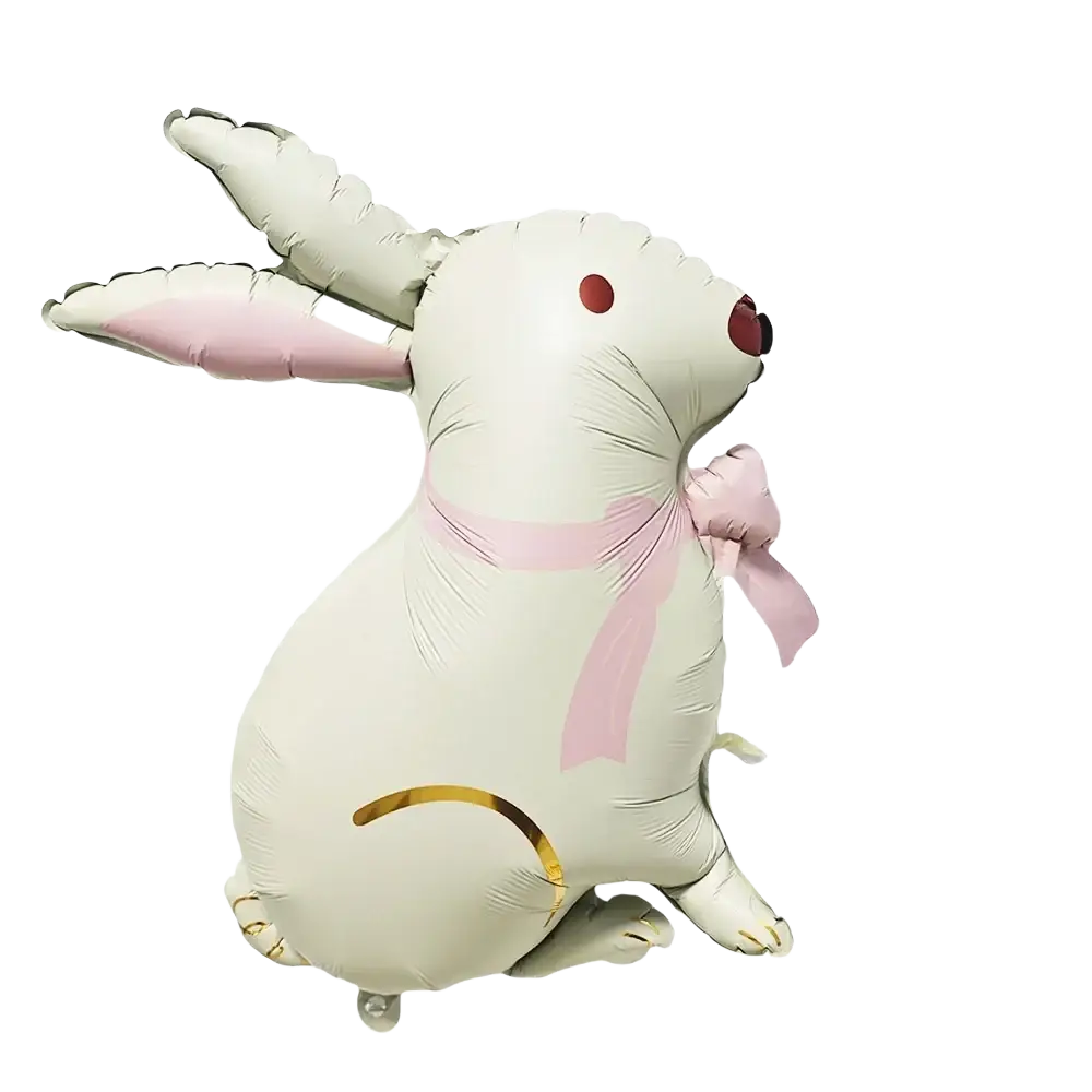 A white inflatable rabbit balloon with pink ears gold accents and bow matching the Easter bunny paper plates and cups set