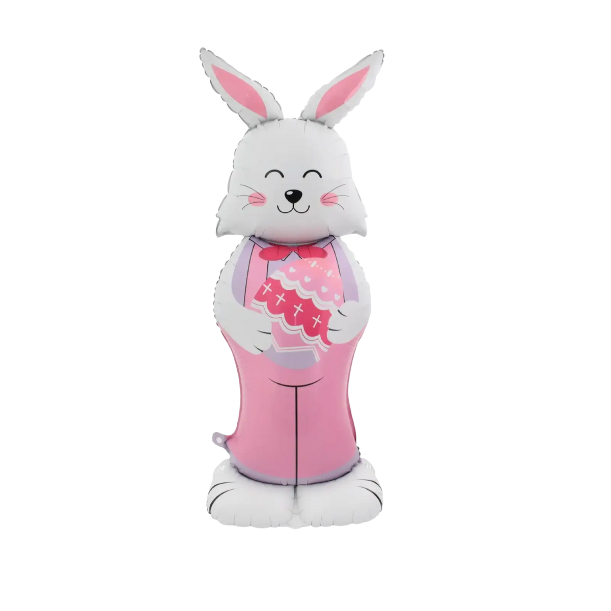 A white and pink inflatable easter bunny balloon with a smiling face holding a decorated cake for easter party decor