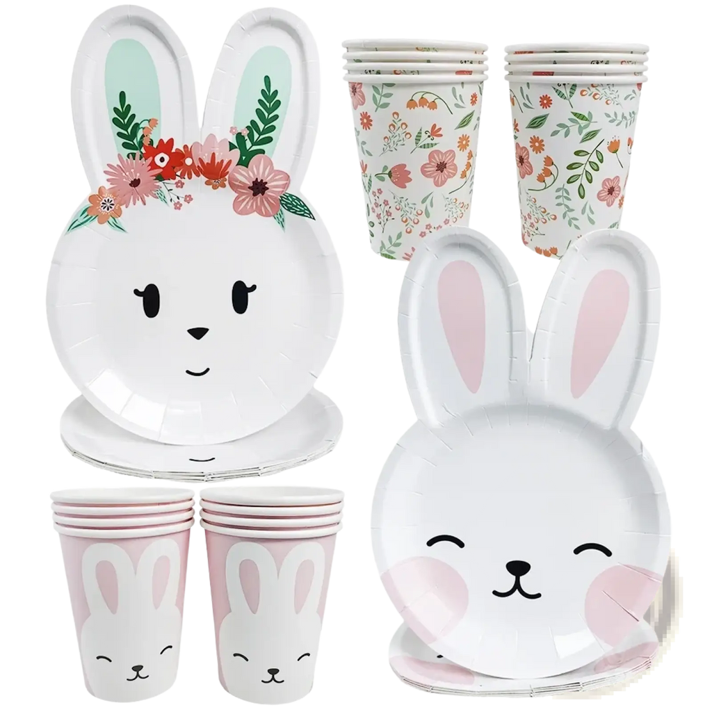 Easter bunny paper plates and cups set featuring white bunny-shaped paper plates with pink ears and pastel floral cups