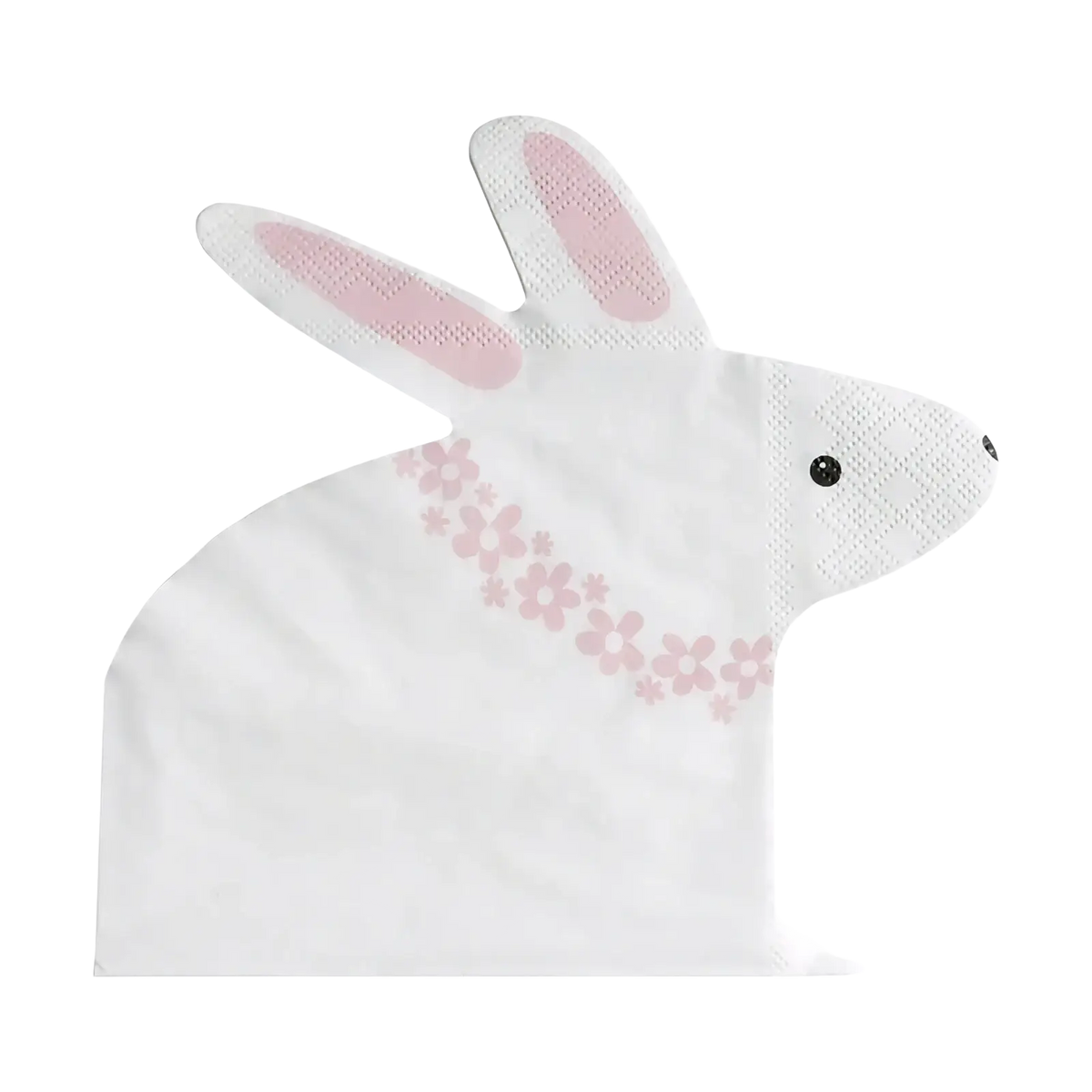 White bunny-shaped disposable gloves with pink floral patterns and mesh-textured ears in easter bunny paper plates and cups set