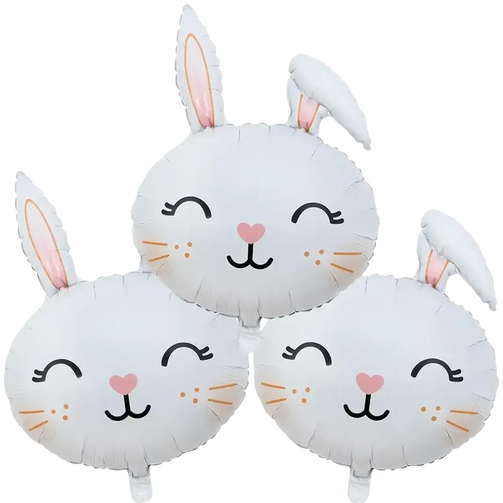 White bunny-shaped foil balloons with pink ears and nose complement easter bunny paper plates and bunny paper plates set