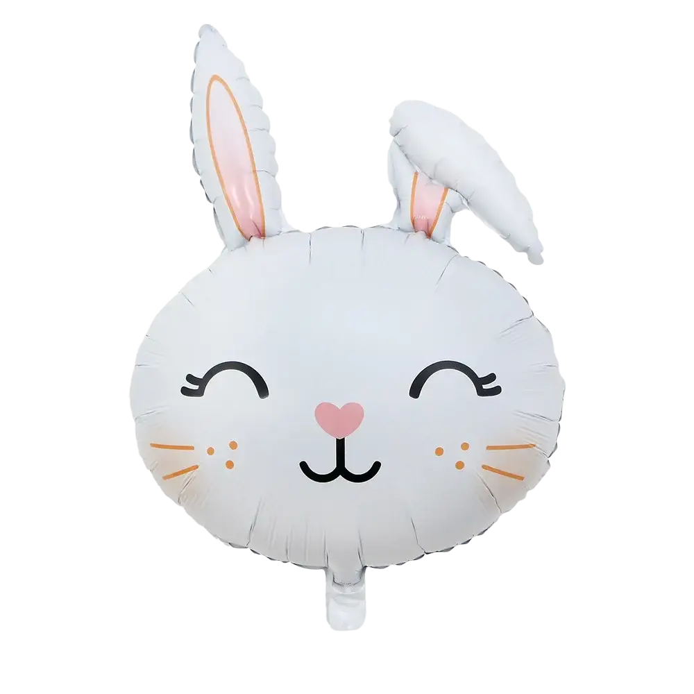A white soft-ear rabbit-shaped foil balloon with pink inner ears featured in an easter bunny paper plates and cups set