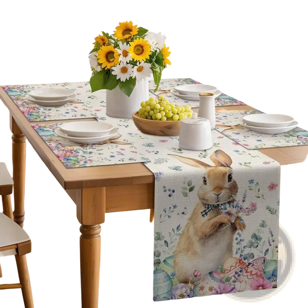 A charming beige linen table runner with pastel floral and rabbit-themed watercolor illustrations for easter decor