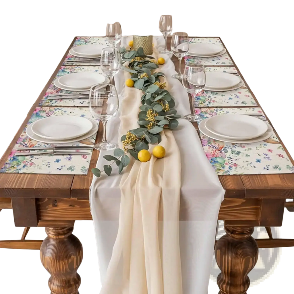 Cream-colored satin table runner with soft flowing drape paired with easter bunny floral linen placemats 4pcs set
