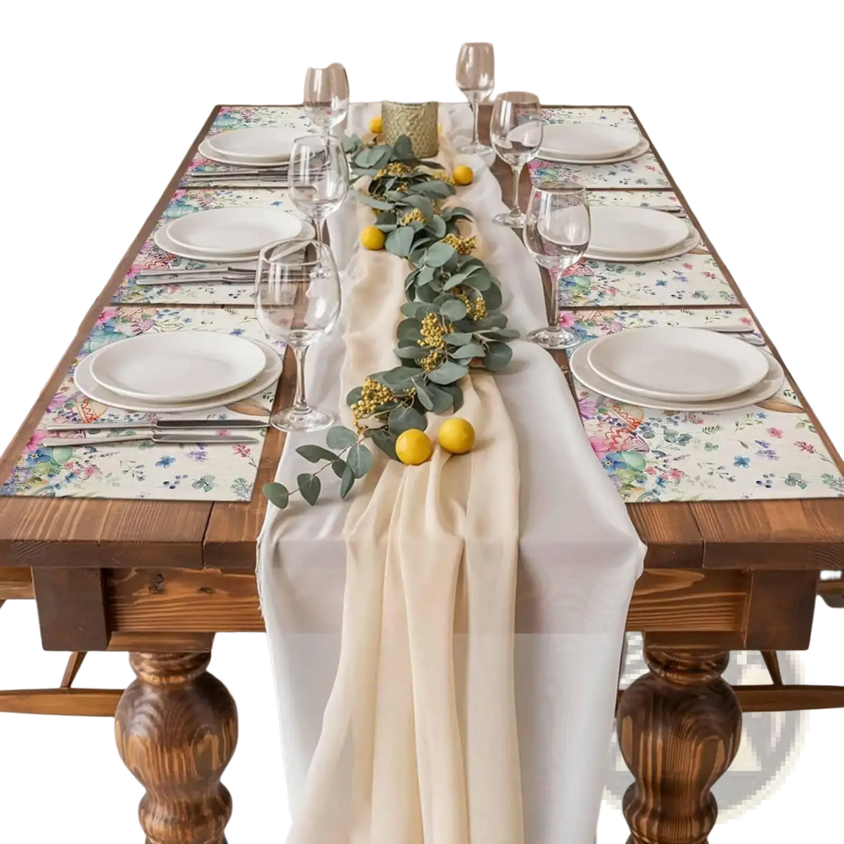 Cream-colored satin table runner with soft flowing drape paired with easter bunny floral linen placemats 4pcs set