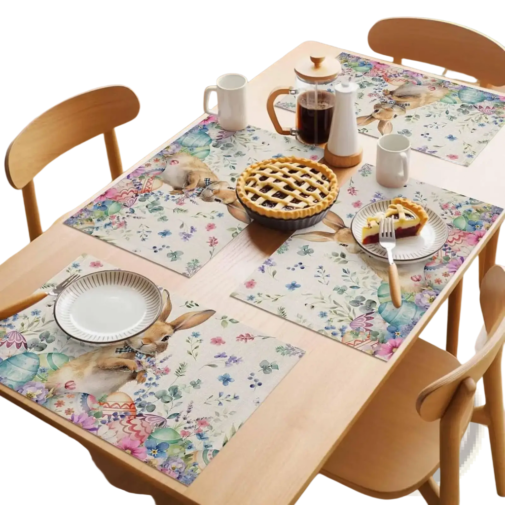 Pastel-colored easter bunny placemats with floral patterns made of linen for festive table settings 4pcs