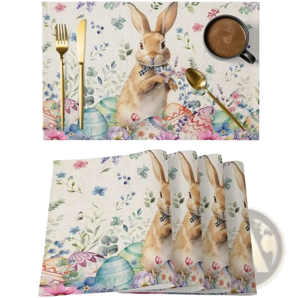 Easter bunny placemat with tan rabbit in blue bow tie surrounded by pastel eggs and floral linen table mat set