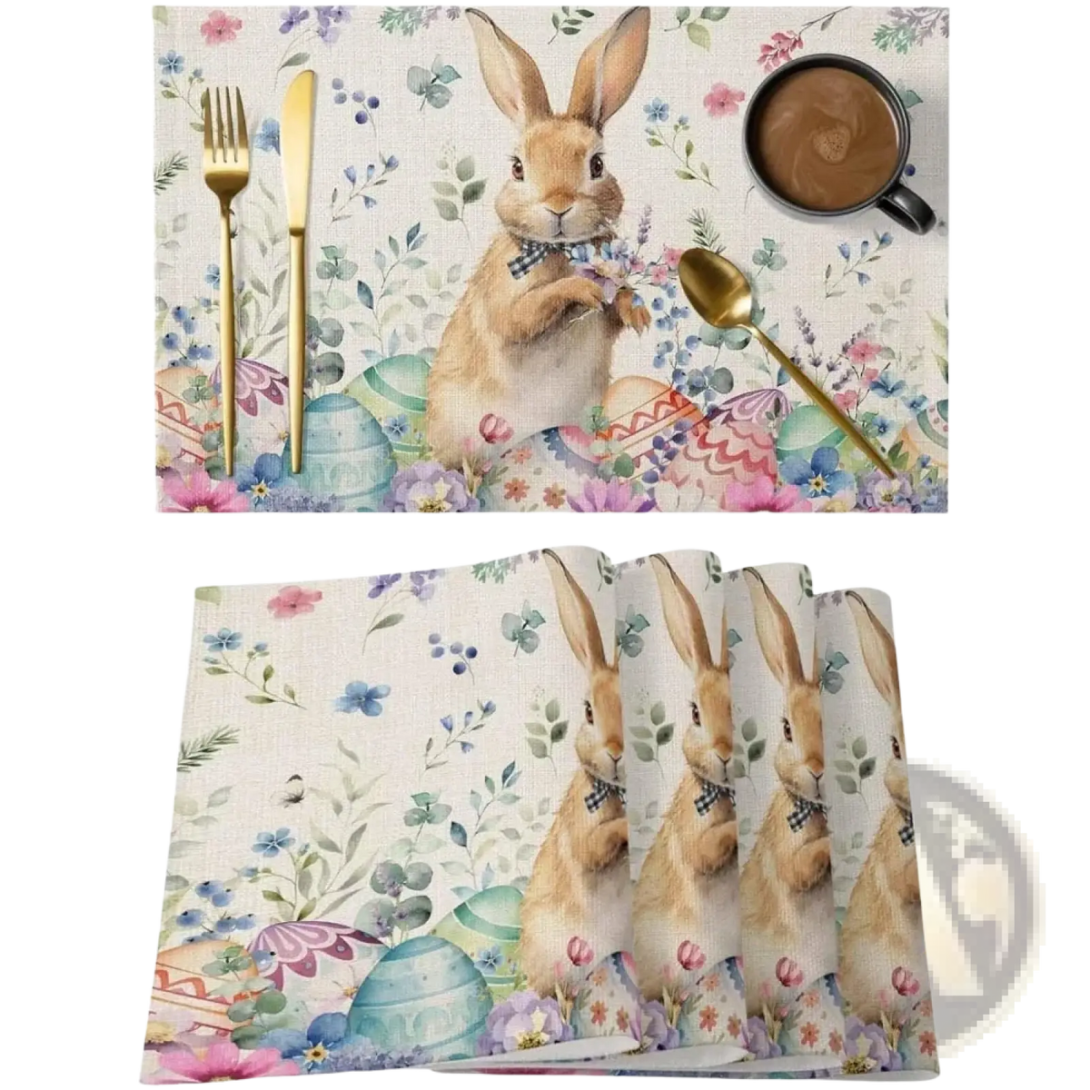 Easter bunny placemat with tan rabbit in blue bow tie surrounded by pastel eggs and floral linen table mat set