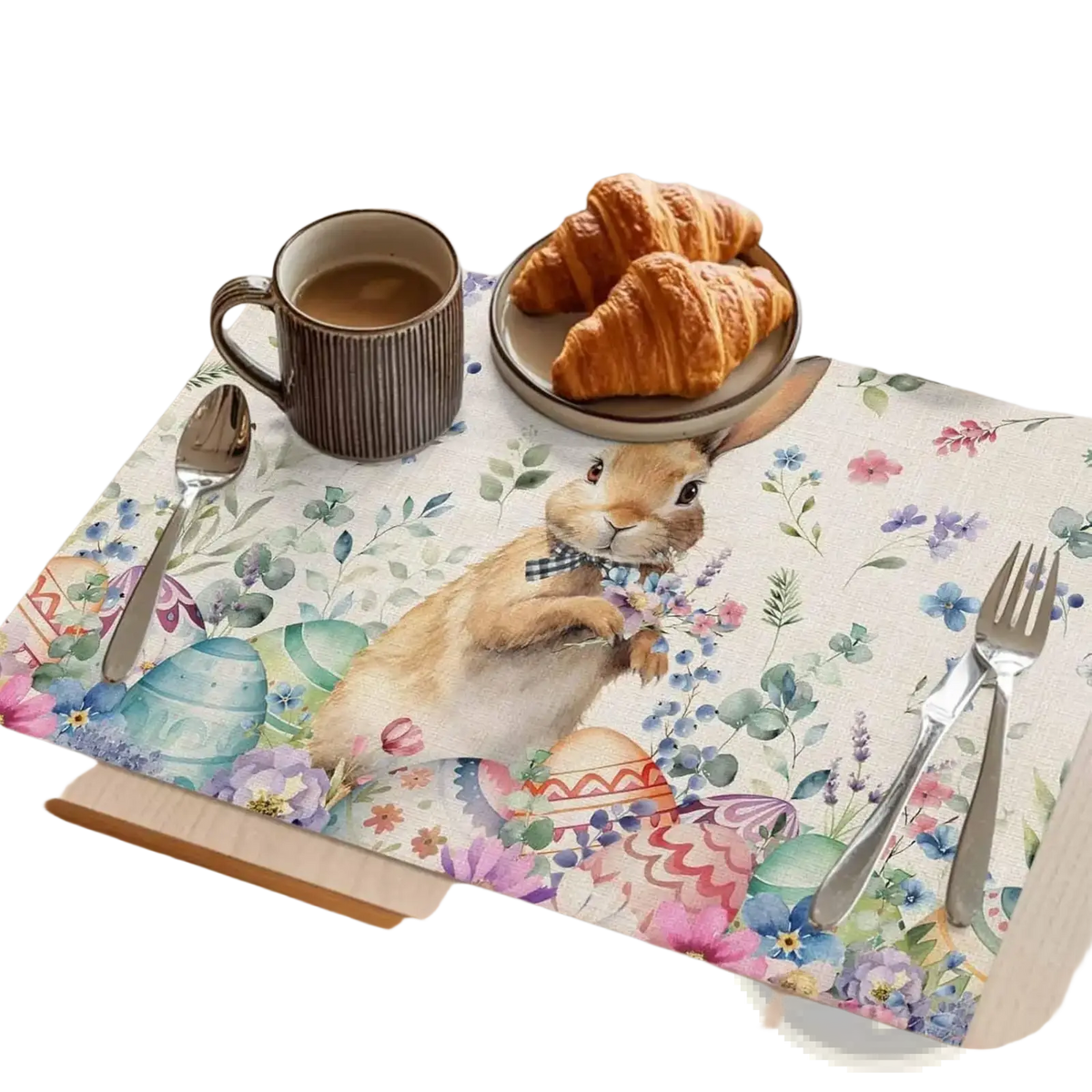 Easter bunny placemats set of 4 featuring a brown bunny in a blue bow tie with colorful eggs on floral linen mats