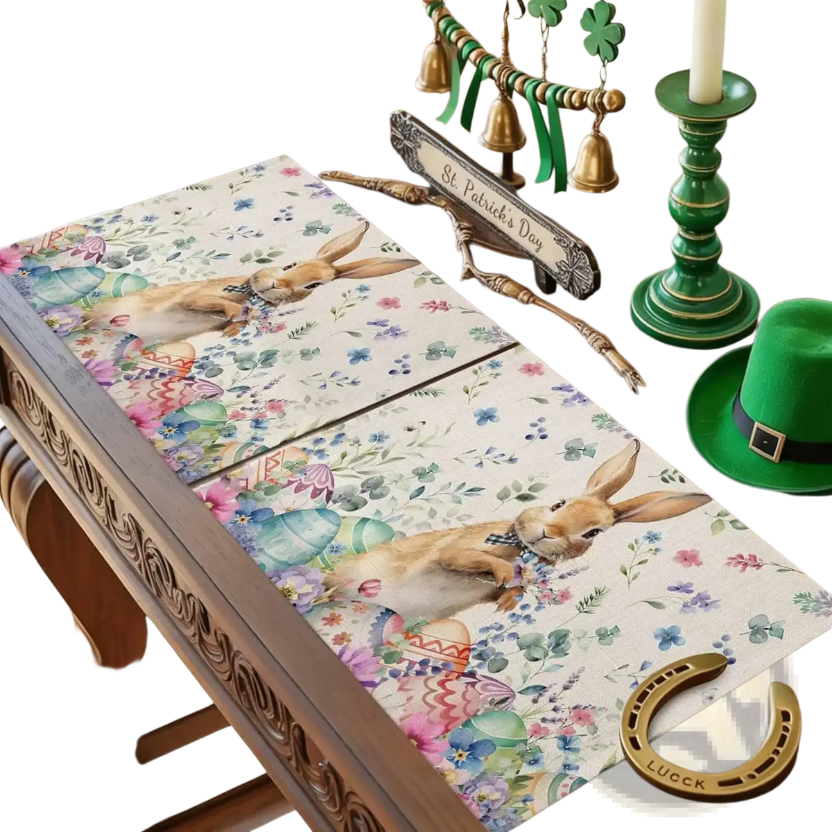 Easter bunny placemats feature soft beige linen with brown rabbits among colorful floral and egg motifs for table decor