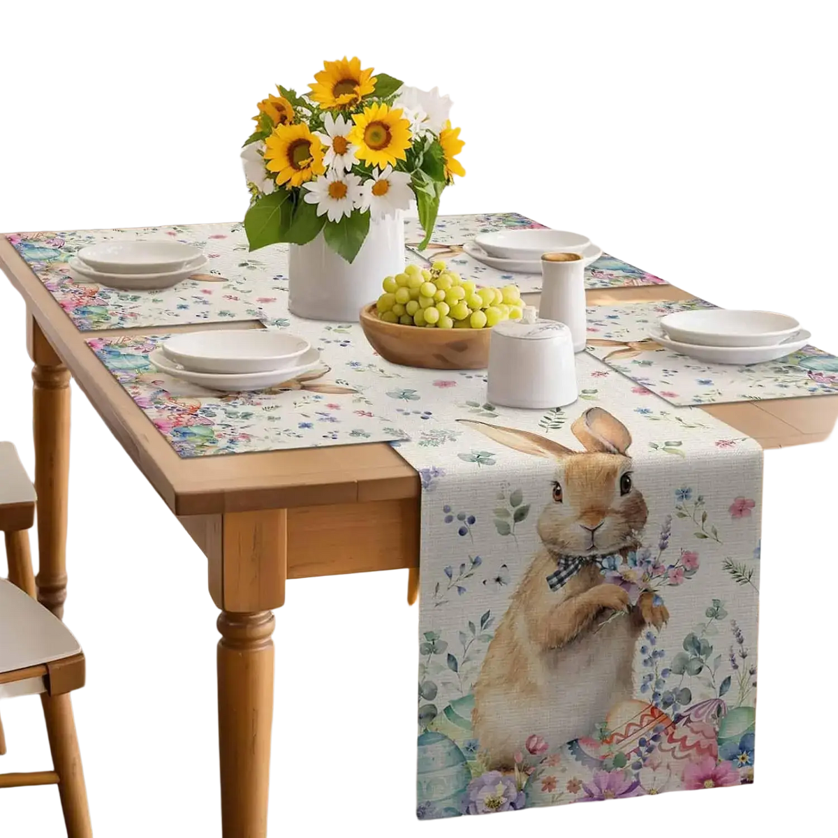 A charming beige linen table runner with pastel floral and rabbit-themed watercolor illustrations for easter decor