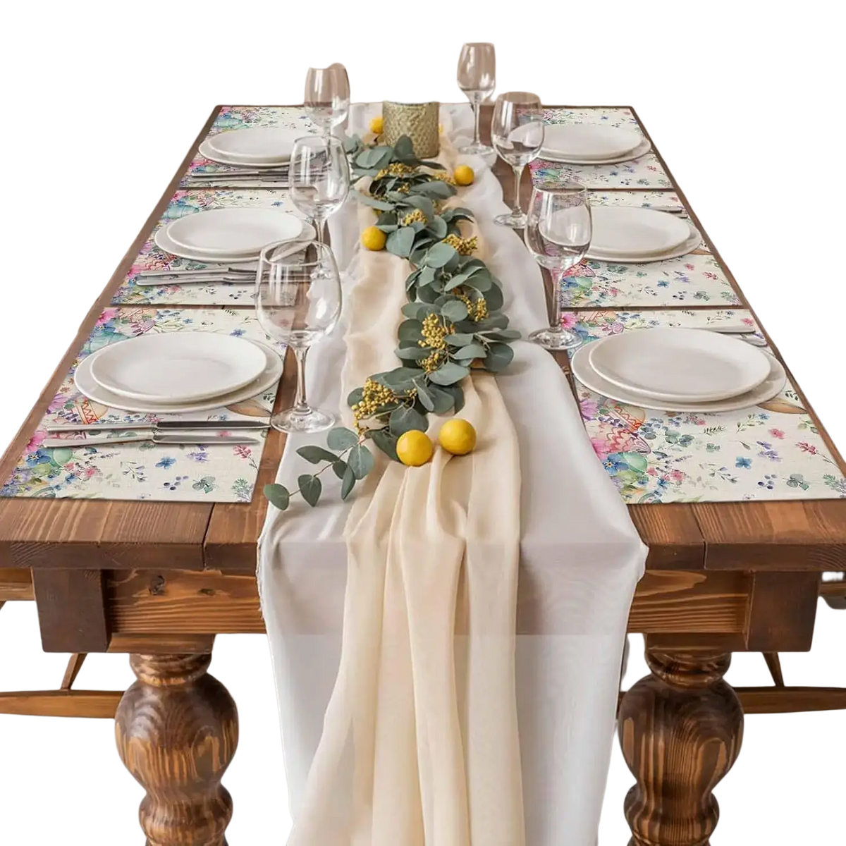 Cream-colored satin table runner with soft flowing drape paired with easter bunny floral linen placemats 4pcs set