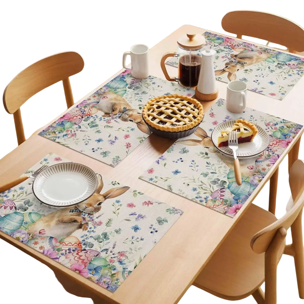 Pastel-colored easter bunny placemats with floral patterns made of linen for festive table settings 4pcs