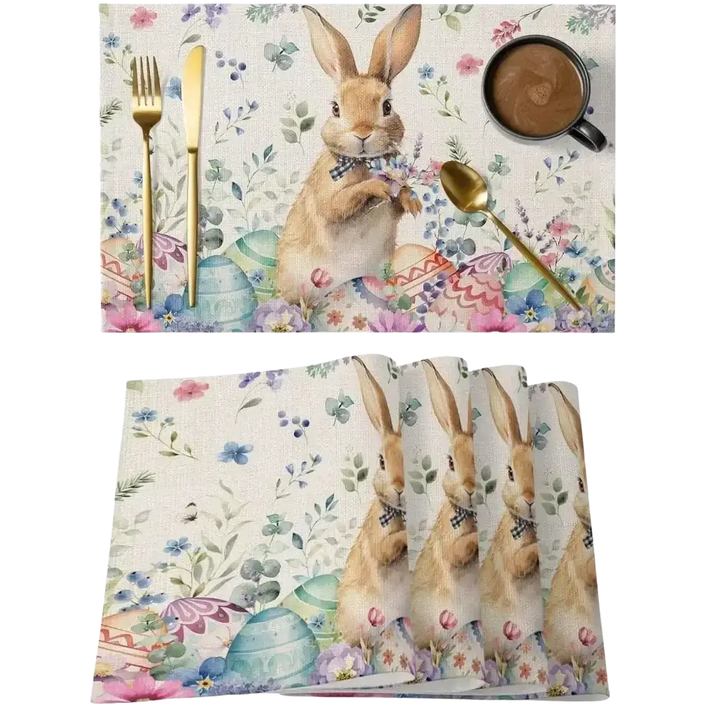 Easter bunny placemats set of 4 floral linen table mats featuring a beige bunny in bow tie with colorful eggs