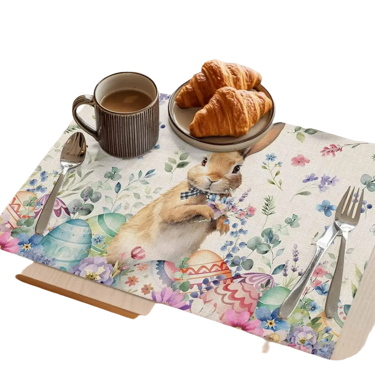 Easter bunny placemats set of 4 featuring a brown bunny in a blue bow tie with colorful eggs on floral linen mats