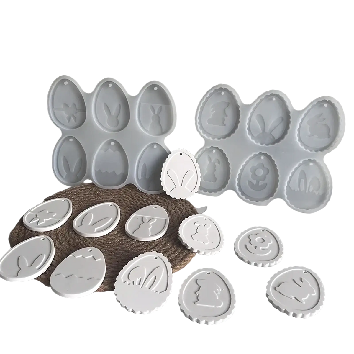 White silicone easter bunny resin pendant mold with decorative bunny floral and eggshell plaque designs