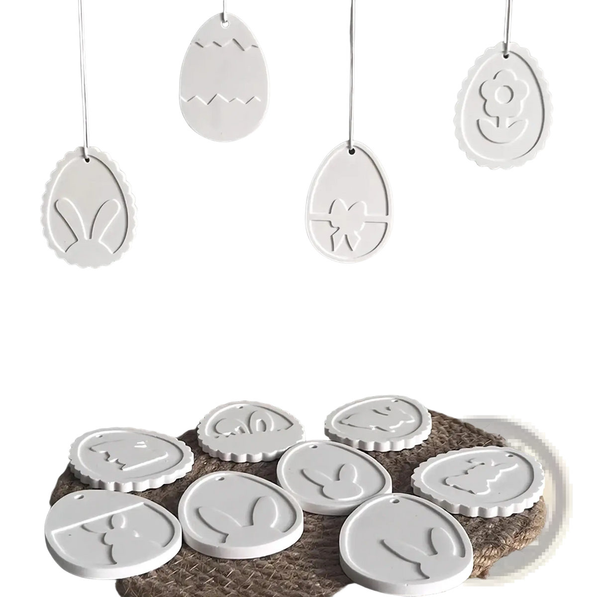 White ceramic easter egg ornaments with embossed bunny flower and ribbon designs for easter bunny silicone resin pendant mold